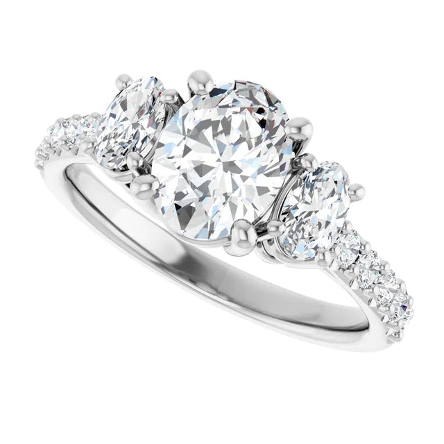 14K White Gold 1.65 CTW Oval Lab Grown Diamond Three Stone Engagement Ring with Pavé Band- Paul's Jewelers Milwaukee