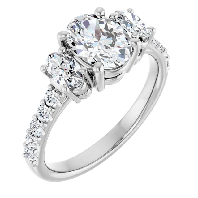 14K White Gold 1.65 CTW Oval Lab Grown Diamond Three Stone Engagement Ring with Pavé Band- Paul's Jewelers Milwaukee