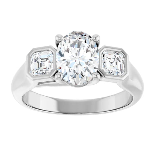 14K White Gold 1.71 CTW Oval-Cut Lab Grown Diamond Bezel Three Stone Engagement Ring- Paul's Jewelers Milwaukee