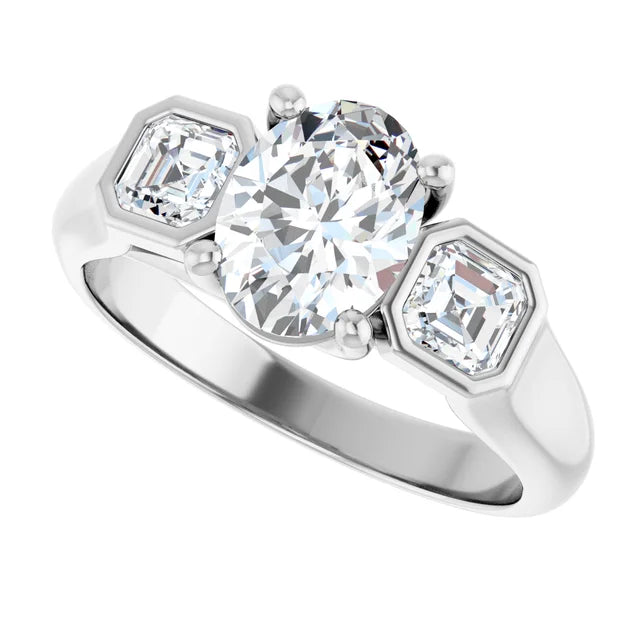 14K White Gold 1.71 CTW Oval-Cut Lab Grown Diamond Bezel Three Stone Engagement Ring- Paul's Jewelers Milwaukee