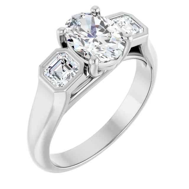 14K White Gold 1.71 CTW Oval-Cut Lab Grown Diamond Bezel Three Stone Engagement Ring- Paul's Jewelers Milwaukee