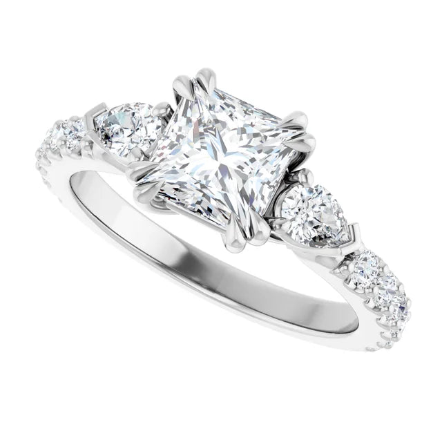 14K White Gold 2.18 CTW Princess-Cut Lab Grown Diamond Three Stone Engagement Ring with Pavé Band- Paul's Jewelers Milwaukee