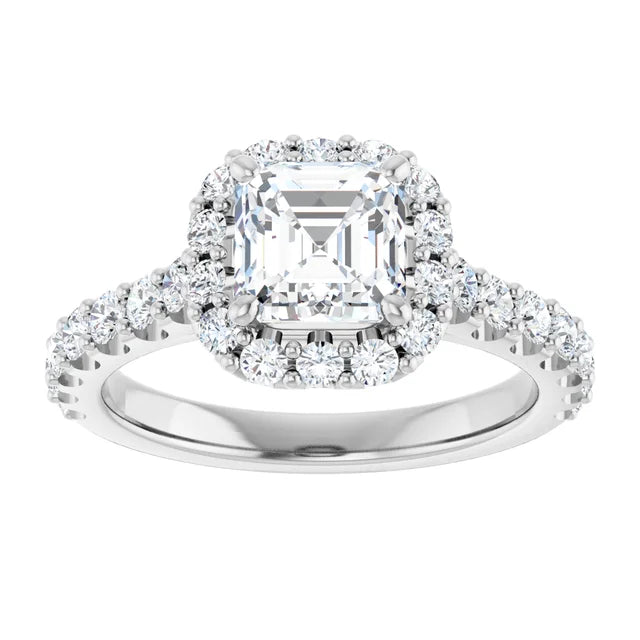 14K White Gold 2.20 CTW Asscher-Cut Lab Grown Diamond Three Stone Engagement Ring with Pear Side Stones and Pavé Band- Paul's Jewelers Milwaukee