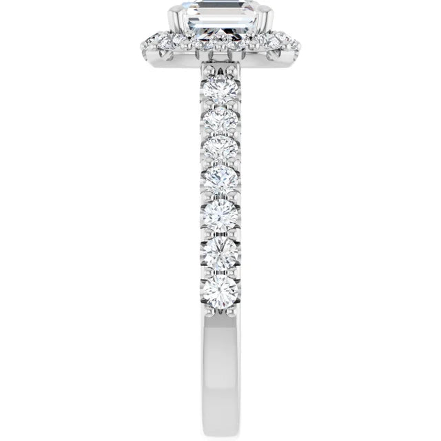 14K White Gold 2.20 CTW Asscher-Cut Lab Grown Diamond Three Stone Engagement Ring with Pear Side Stones and Pavé Band- Paul's Jewelers Milwaukee