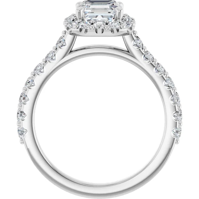 14K White Gold 2.20 CTW Asscher-Cut Lab Grown Diamond Three Stone Engagement Ring with Pear Side Stones and Pavé Band- Paul's Jewelers Milwaukee