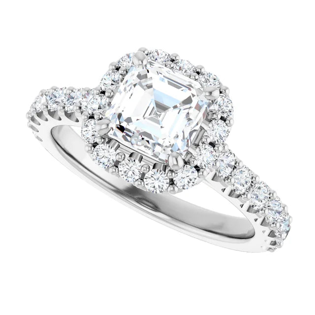 14K White Gold 2.20 CTW Asscher-Cut Lab Grown Diamond Three Stone Engagement Ring with Pear Side Stones and Pavé Band- Paul's Jewelers Milwaukee