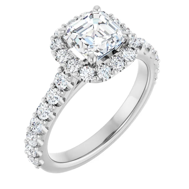 14K White Gold 2.20 CTW Asscher-Cut Lab Grown Diamond Three Stone Engagement Ring with Pear Side Stones and Pavé Band- Paul's Jewelers Milwaukee