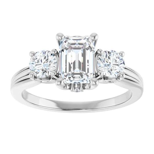 14K White Gold 2.23 CTW Emerald-Cut Lab Grown Diamond Three Stone Engagement Ring with Pavé Band- Paul's Jewelers Milwaukee