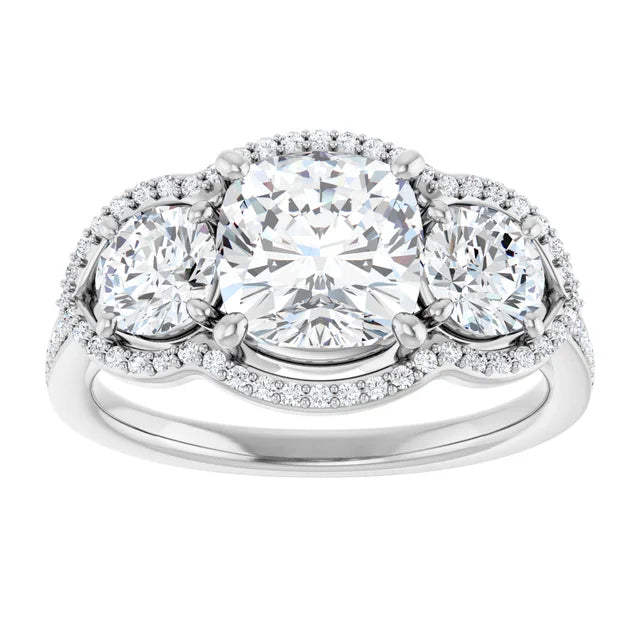 14K White Gold 2.59 CTW Cushion-Cut Lab Grown Diamond Three Stone Engagement Ring- Paul's Jewelers Milwaukee