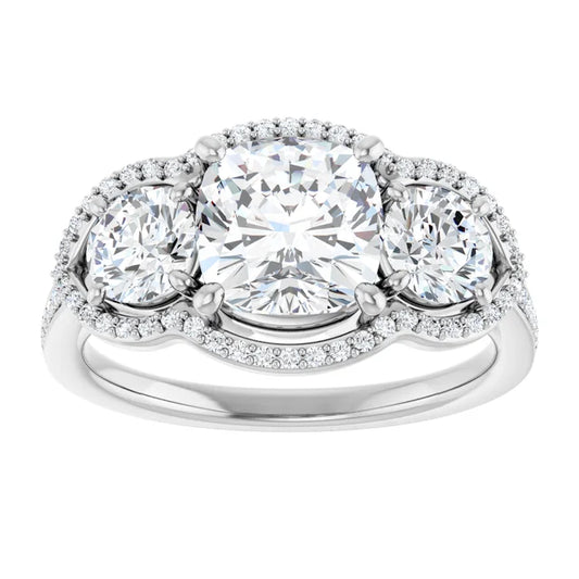 14K White Gold 2.59 CTW Cushion-Cut Lab Grown Diamond Three Stone Engagement Ring- Paul's Jewelers Milwaukee