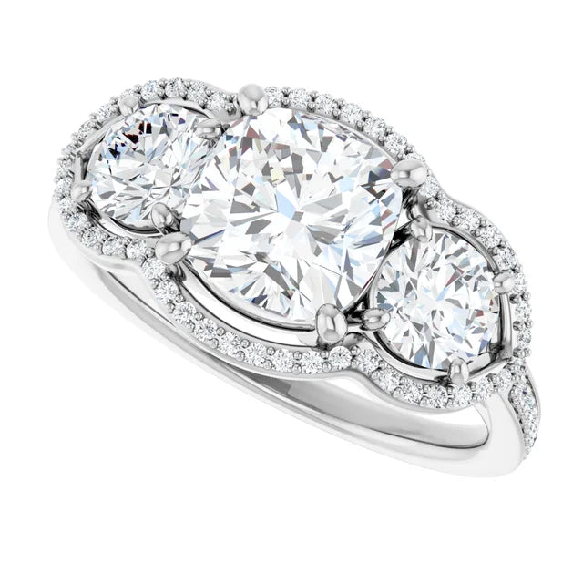 14K White Gold 2.59 CTW Cushion-Cut Lab Grown Diamond Three Stone Engagement Ring- Paul's Jewelers Milwaukee