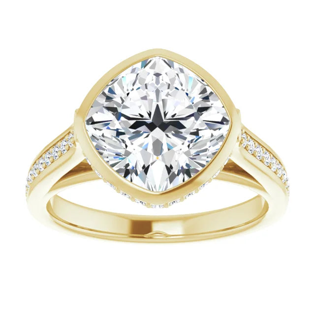 14K White Gold 3.09 CTW Cushion-Cut Lab Grown Diamond Bezel Engagement Ring with Pavé Band