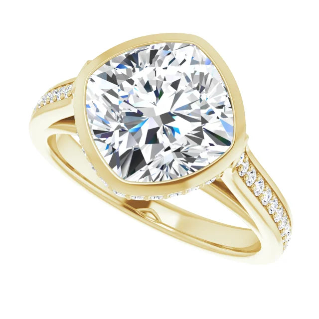 14K White Gold 3.09 CTW Cushion-Cut Lab Grown Diamond Bezel Engagement Ring with Pavé Band