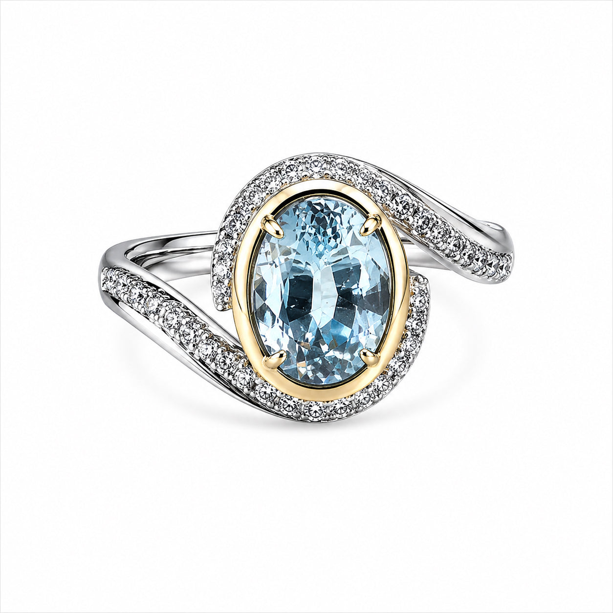 Ring with a blue gemstone and gold accents on a white background