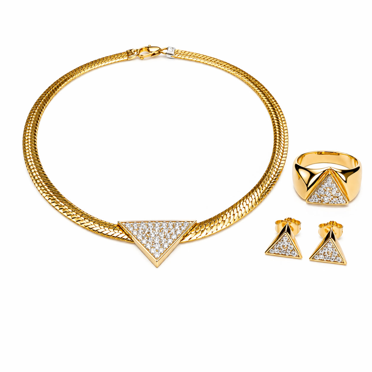 14K Two Tone Natural Dia Triangle Design Set Necklace, Ring and Studs-