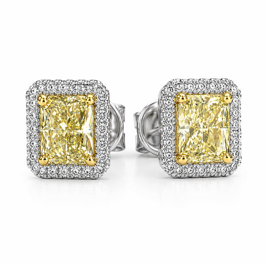 14K White Gold Stud Earrings with 1.70ctw of Natural Yellow Radiant & White Melee Diamonds