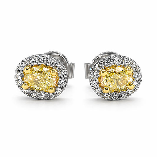 14K White Gold Oval Stud Earrings with 0.53ctw of Natural Yellow and White Melee Diamonds