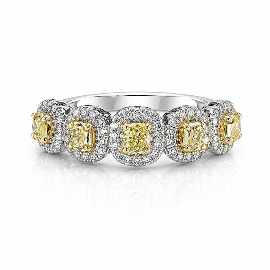 14K White Gold Ring with 0.99cttw of Natural Yellow Cushion and White Melee Diamonds