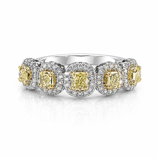 14K White Gold Ring with 0.99cttw of Natural Yellow Cushion and White Melee Diamonds
