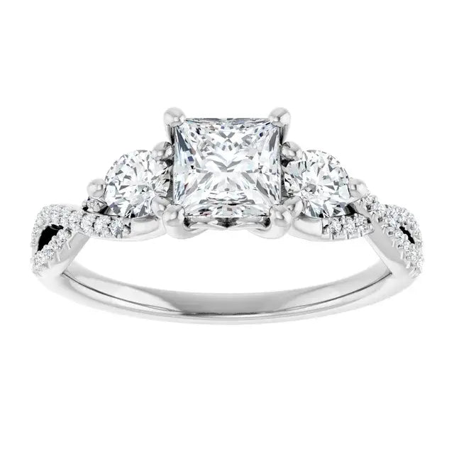 14K White Gold 0.70 CTW Princess Three-Stone Pavé Twisted Diamond Engagement Ring-
