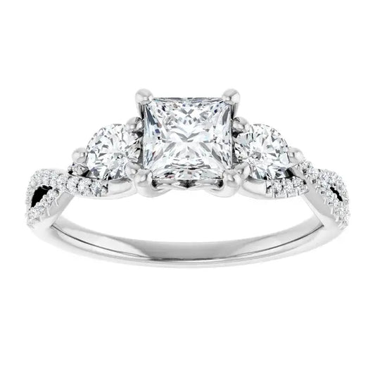 14K White Gold 0.70 CTW Princess Three-Stone Pavé Twisted Diamond Engagement Ring-