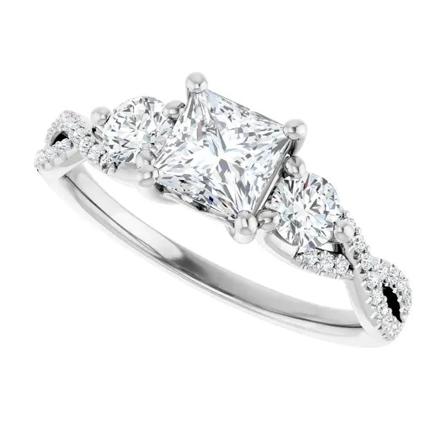 14K White Gold 0.70 CTW Princess Three-Stone Pavé Twisted Diamond Engagement Ring-