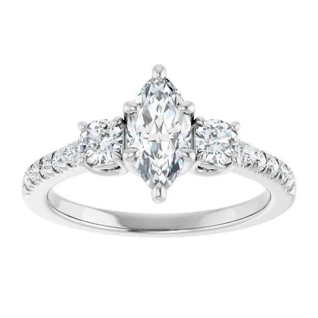 14K White Gold 0.86 CTW Marquise-Cut Three Stone Diamond Engagement Ring with a Pavé Band-