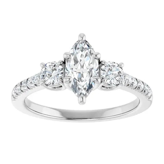 14K White Gold 0.86 CTW Marquise-Cut Three Stone Diamond Engagement Ring with a Pavé Band-