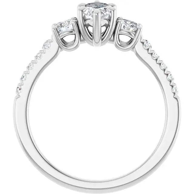14K White Gold 0.86 CTW Marquise-Cut Three Stone Diamond Engagement Ring with a Pavé Band-