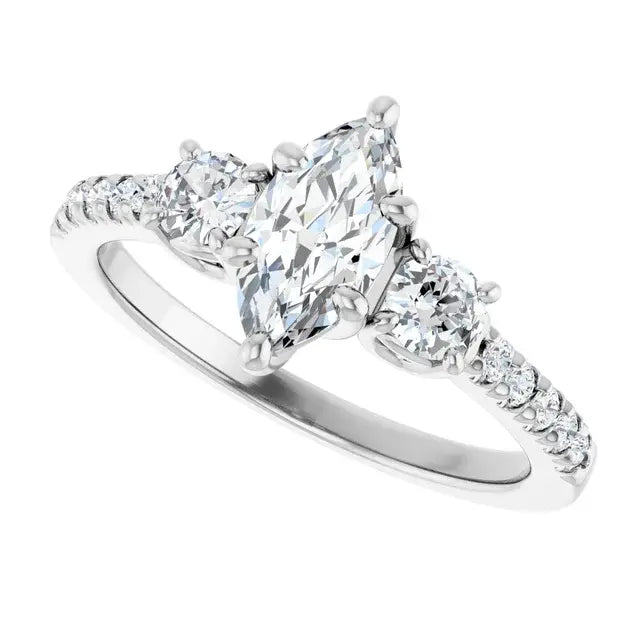 14K White Gold 0.86 CTW Marquise-Cut Three Stone Diamond Engagement Ring with a Pavé Band-