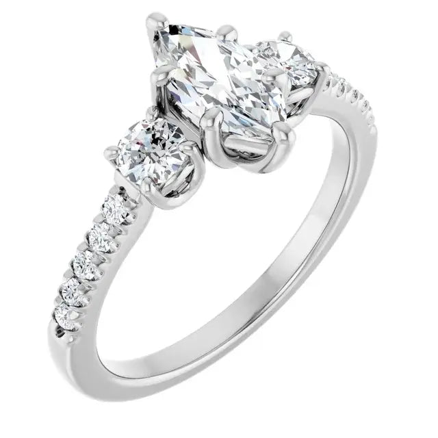 14K White Gold 0.86 CTW Marquise-Cut Three Stone Diamond Engagement Ring with a Pavé Band-