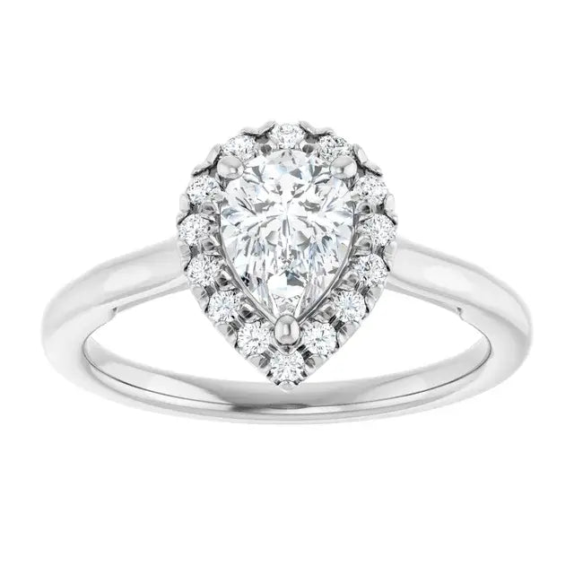 14K White Gold 0.87 CTW Pear Cut Halo Diamond Engagement Ring-