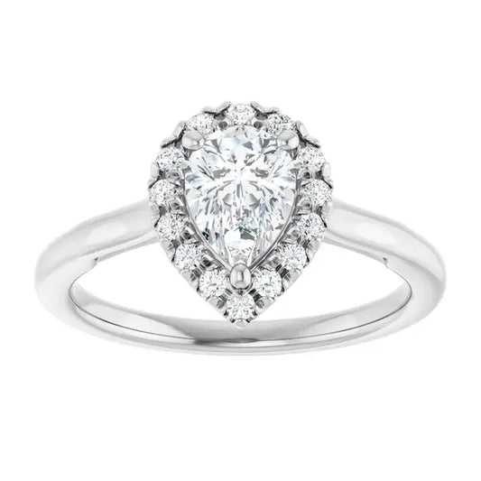 14K White Gold 0.87 CTW Pear Cut Halo Diamond Engagement Ring-