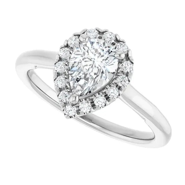 14K White Gold 0.87 CTW Pear Cut Halo Diamond Engagement Ring-