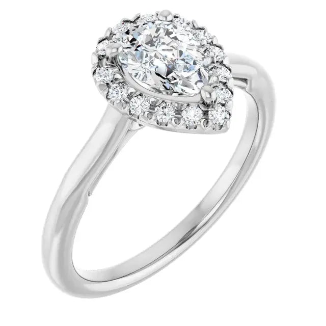 14K White Gold 0.87 CTW Pear Cut Halo Diamond Engagement Ring-