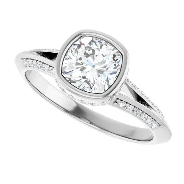 14K White Gold 0.94 CTW Cushion-Cut Bezel Diamond Engagement Ring with a Hidden Halo Setting-