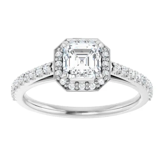 14K White Gold 0.99 CTW Asscher-Cut Diamond Engagement Ring with Halo and Pavé Band