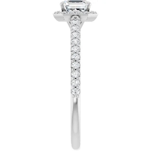 14K White Gold 0.99 CTW Asscher-Cut Diamond Engagement Ring with Halo and Pavé Band