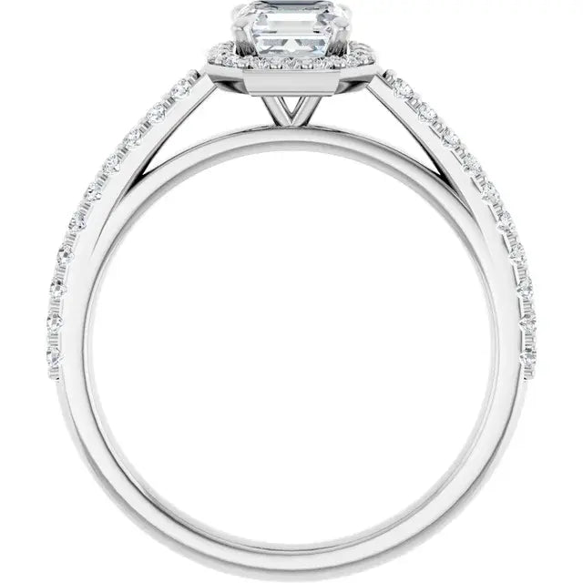 14K White Gold 0.99 CTW Asscher-Cut Diamond Engagement Ring with Halo and Pavé Band