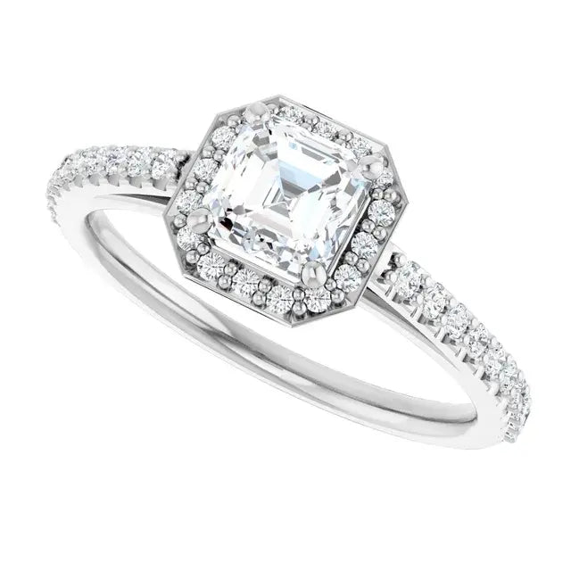14K White Gold 0.99 CTW Asscher-Cut Diamond Engagement Ring with Halo and Pavé Band