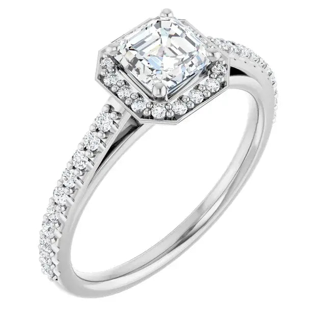 14K White Gold 0.99 CTW Asscher-Cut Diamond Engagement Ring with Halo and Pavé Band