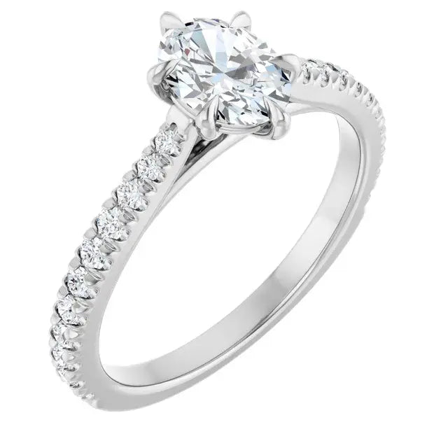 14K White Gold 0.99 CTW Oval-Cut Diamond Engagement Ring with Pavé Band-