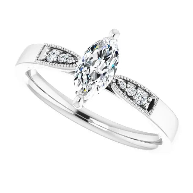 14K White Gold 1.02 CTW Marquise-Cut Lab Grown Diamond Solitaire Engagement Ring with Pavé Band