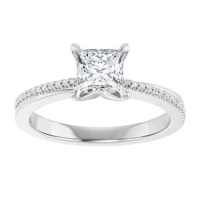 14K White Gold 1.07 CTW Princess Claw Prong Accented Diamond Engagement Ring-