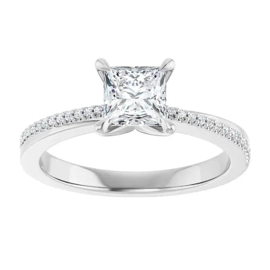 14K White Gold 1.07 CTW Princess Claw Prong Accented Diamond Engagement Ring-