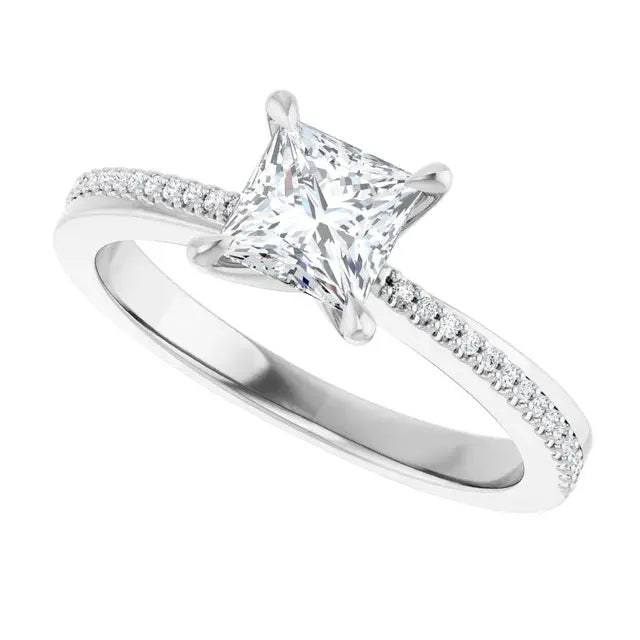 14K White Gold 1.07 CTW Princess Claw Prong Accented Diamond Engagement Ring-