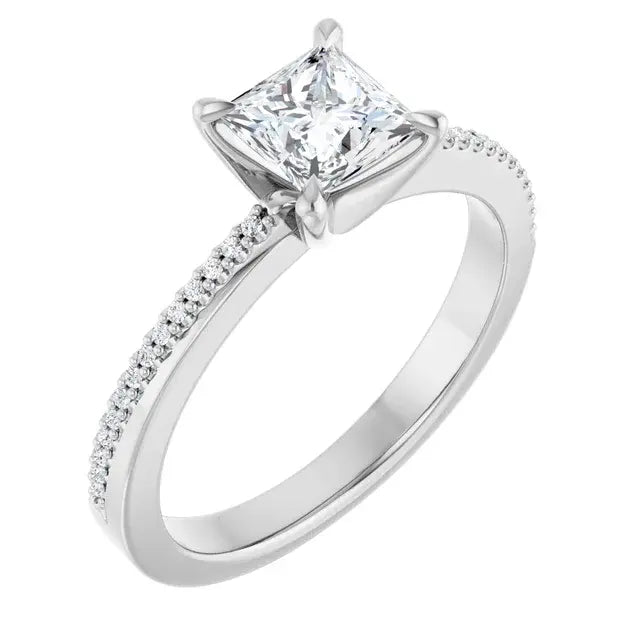 14K White Gold 1.07 CTW Princess Claw Prong Accented Diamond Engagement Ring-