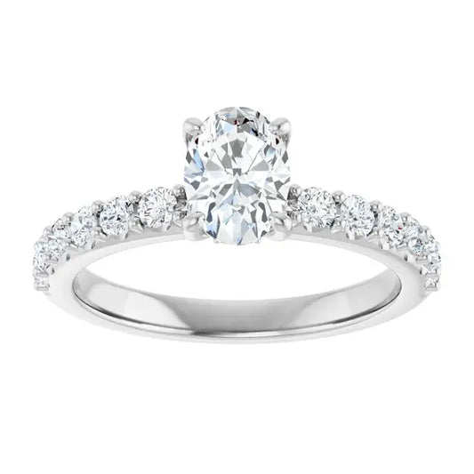 14K White Gold 1.09 CTW Oval-Cut Diamond Engagement Ring with Pavé Band-