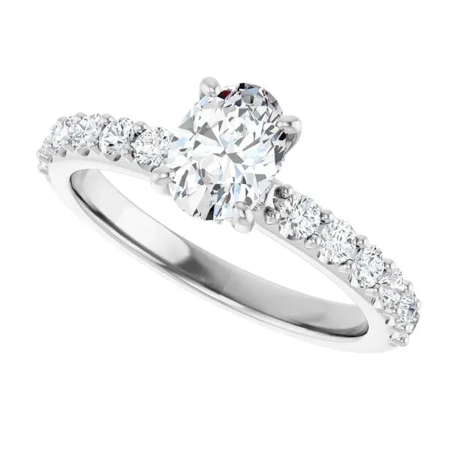 14K White Gold 1.09 CTW Oval-Cut Diamond Engagement Ring with Pavé Band-