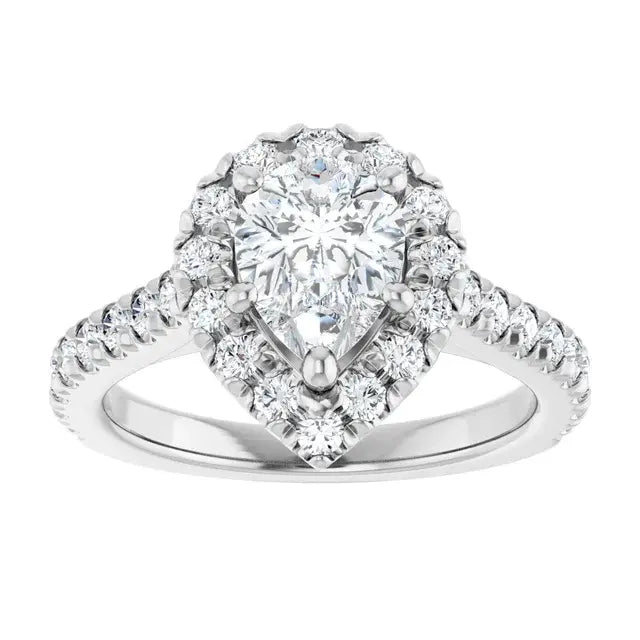 14K White Gold 1.14 CTW Pear Cut Halo Diamond Engagement Ring with Pavé Band-